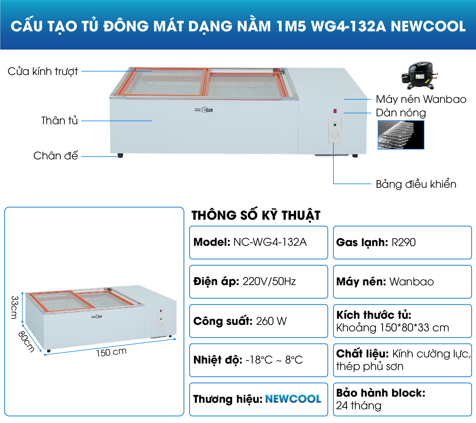 Cấu tạo tủ đông mát dạng nằm 1m5 WG4-132A