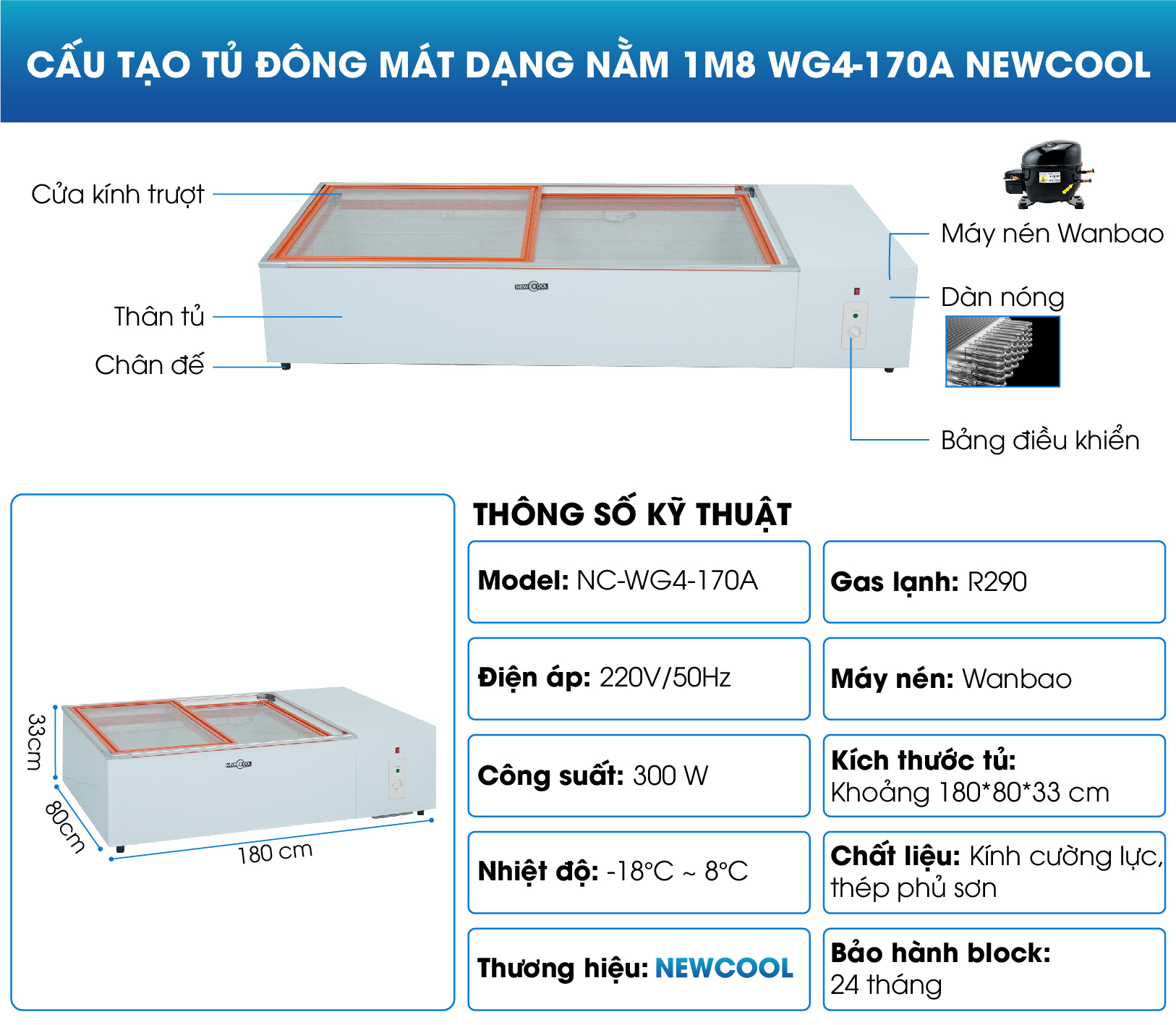 Cấu tạo tủ đông mát dạng nằm 1m8 WG4-170A