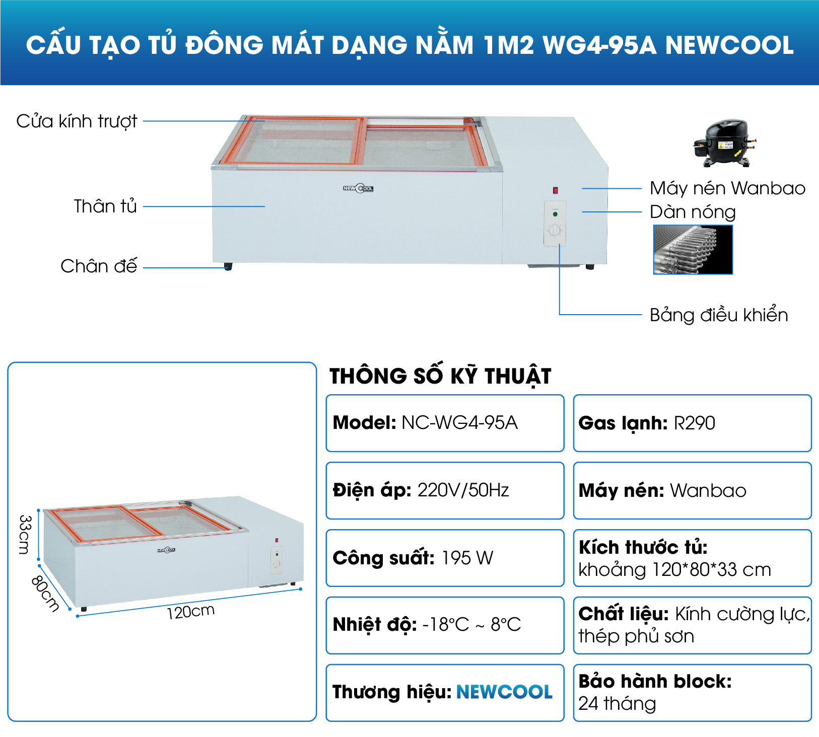 Cấu tạo tủ đông mát dạng nằm 1m2 WG4-95A