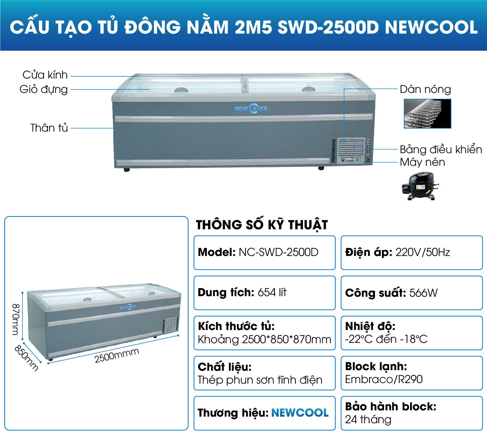 Cấu tạo tủ đông nằm trưng bày thực phẩm 2m5 SWD-2500D