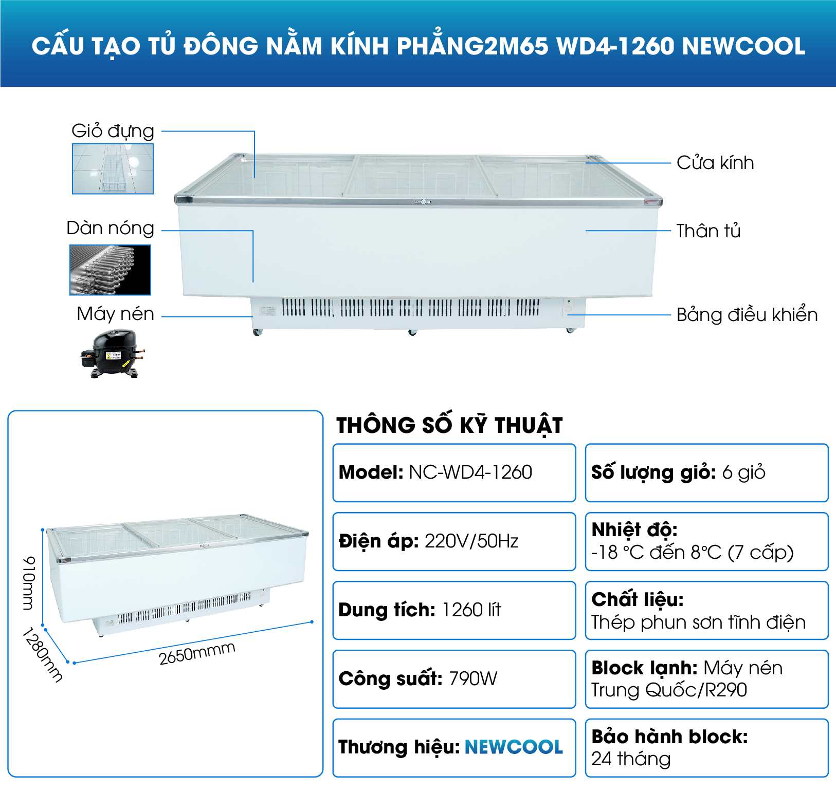 Cấu tạo tủ đông nằm kính phẳng 2,65m WD4-1260