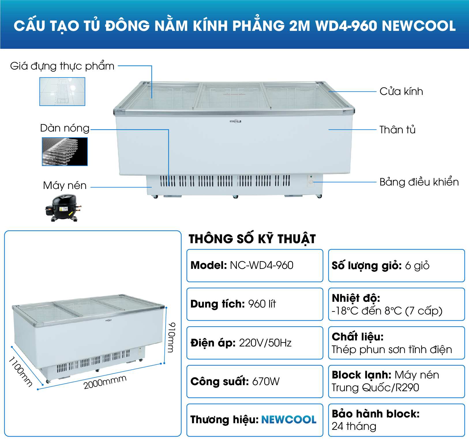 Cấu tạo tủ đông nằm kính phẳng 2m WD4-960 NEWCOOL