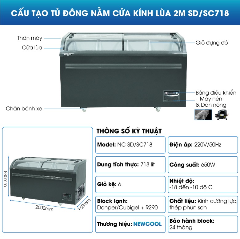 Cấu tạo tủ đông nằm cửa kính lùa 2m SD/SC718 NEWCOOL