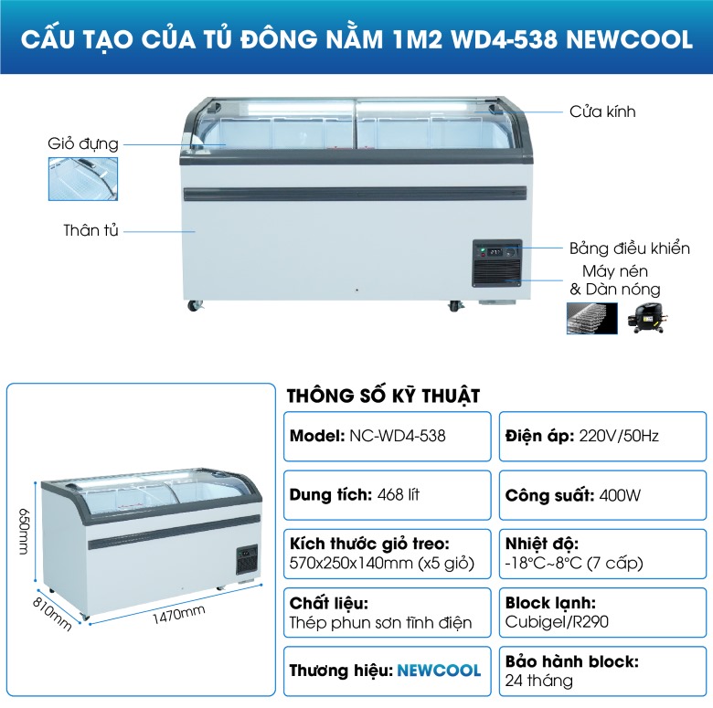 Cấu tạo tủ đông nằm 1m2 WD4-538