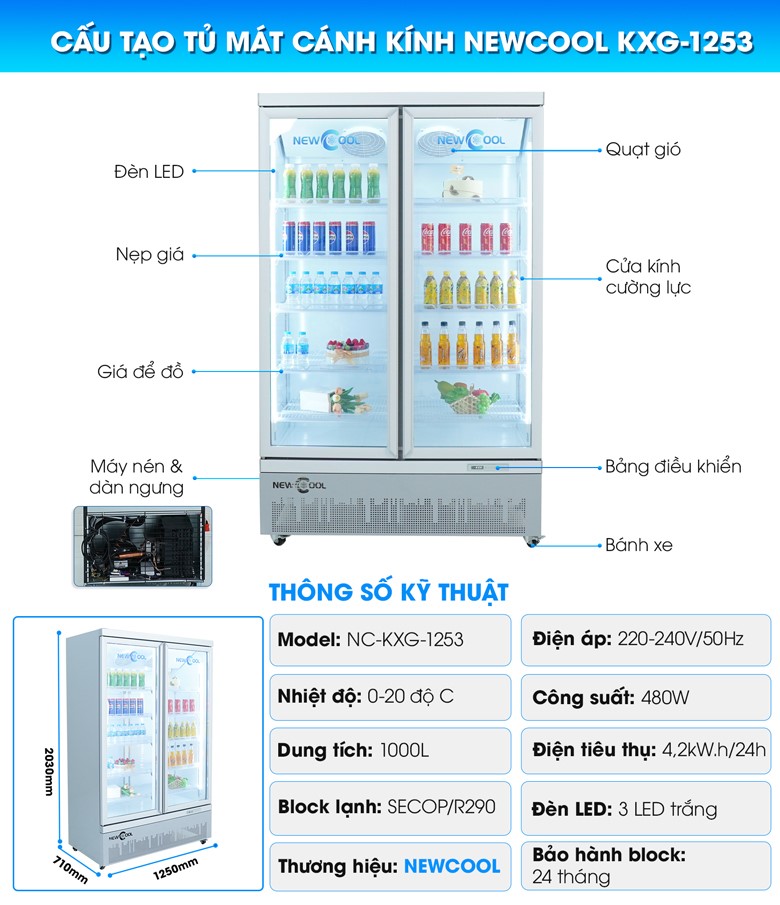 Cấu tạo tủ mát 2 cánh kính KXG-1253