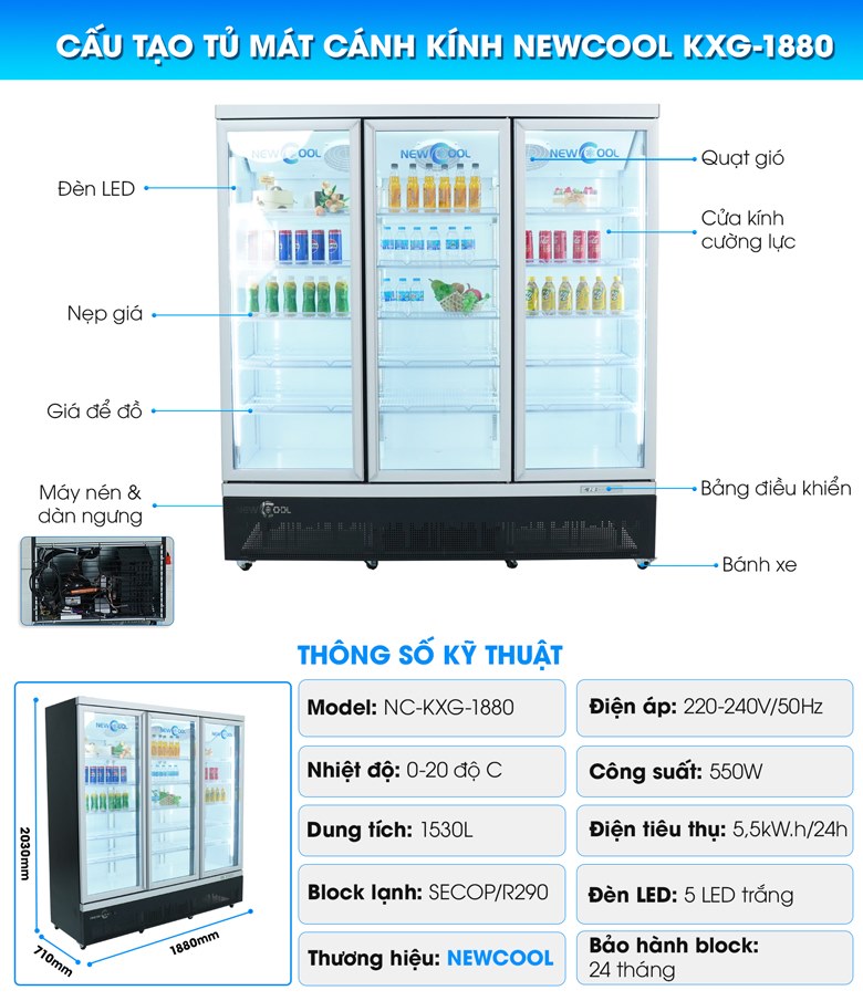 Cấu tạo tủ mát 3 cánh kính KXG-1880 Cấu tạo tủ mát 3 cánh kính KXG-1880