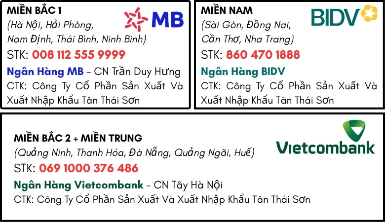 Số tài khoản chuyền tiền theo khu vực