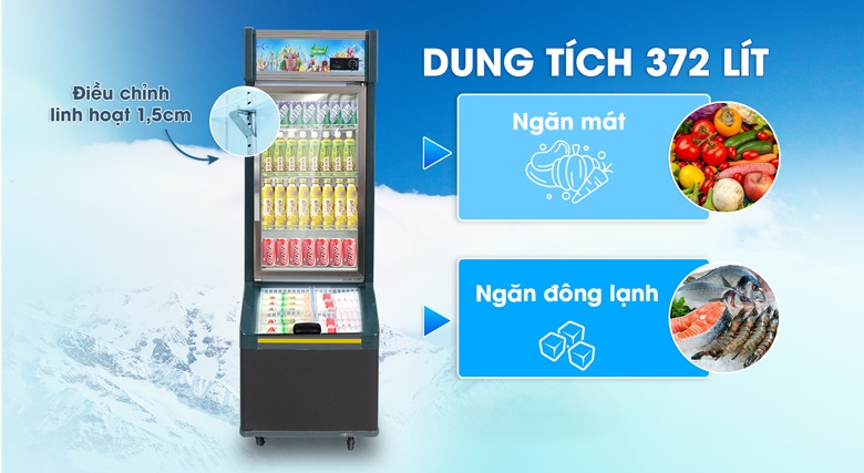 Tổng dung tích 372 lít, chứa đựng lượng lớn thực phẩm Tổng dung tích 372 lít, chứa đựng lượng lớn thực phẩm