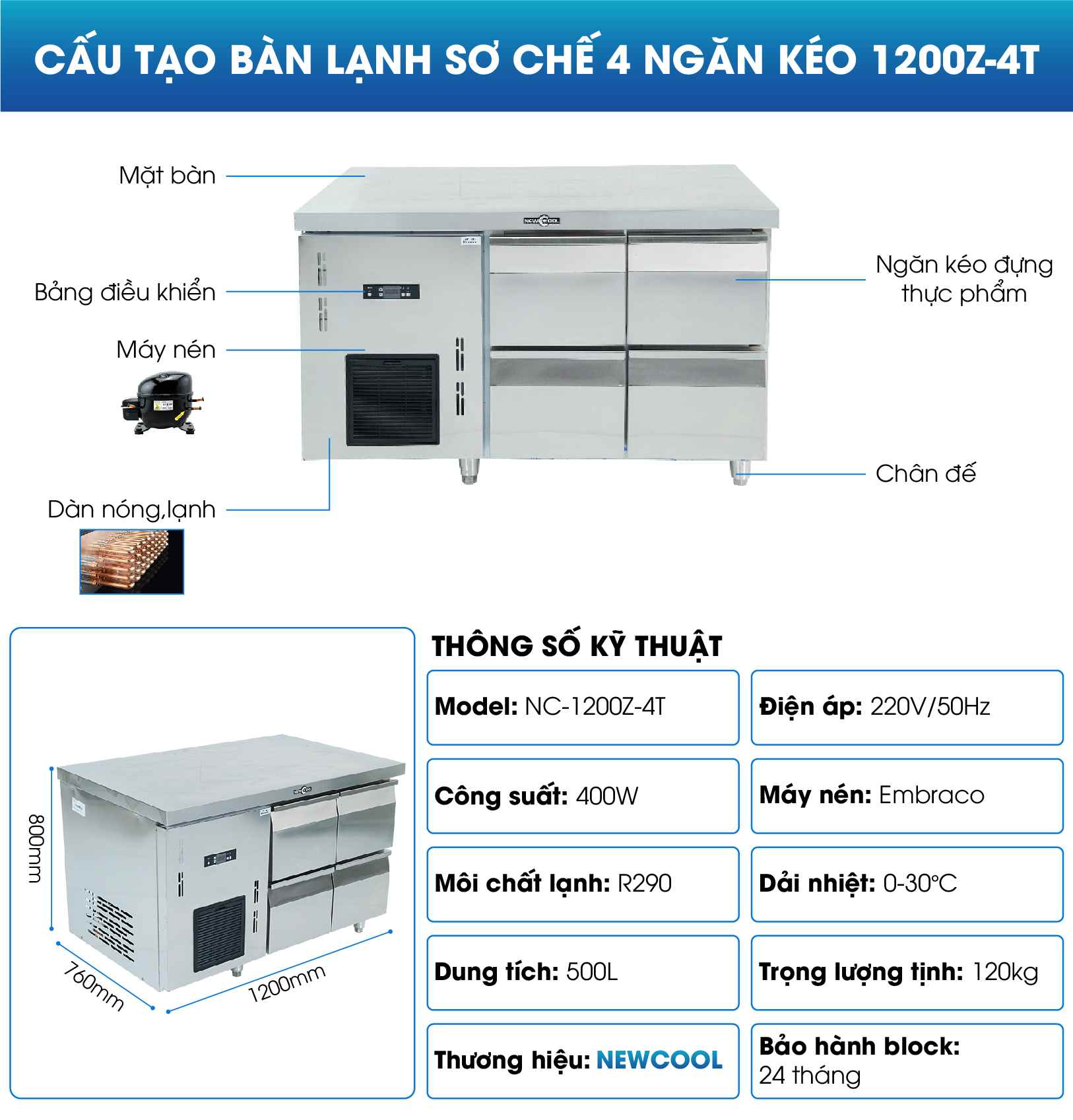 Cấu tạo của bàn mát sơ chế 4 ngăn kéo 1200Z-4T