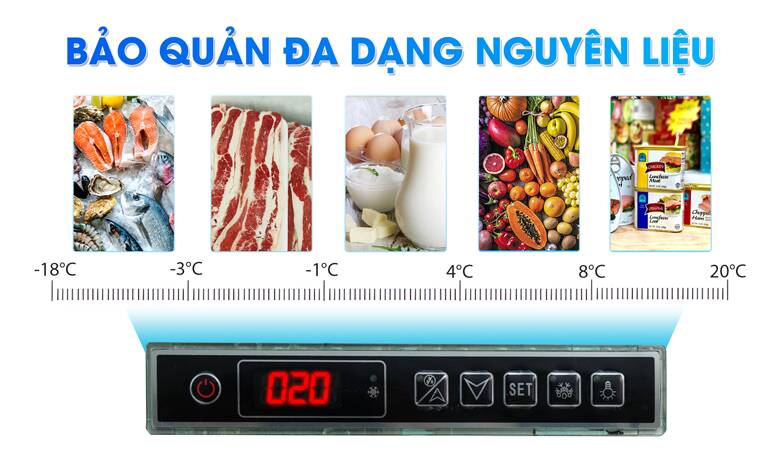 Dải nhiệt rộng cho phép bảo quản nhiều loại nguyên liệu, thực phẩm khác nhau