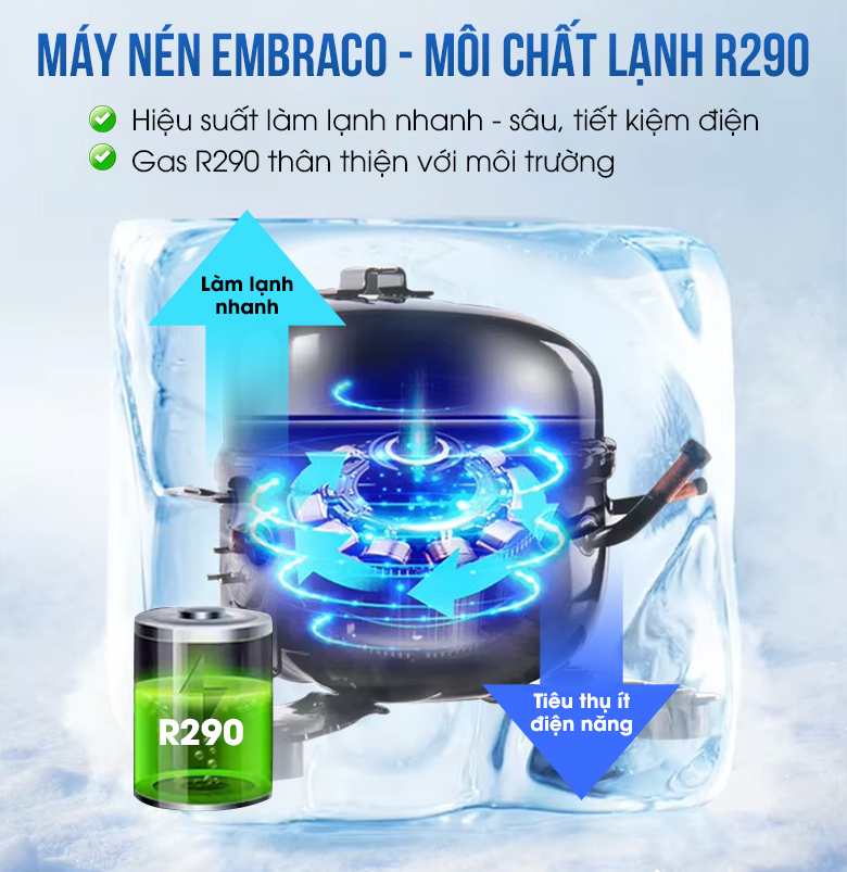 Hệ thống làm lạnh sử dụng gas R290. máy nén Embraco