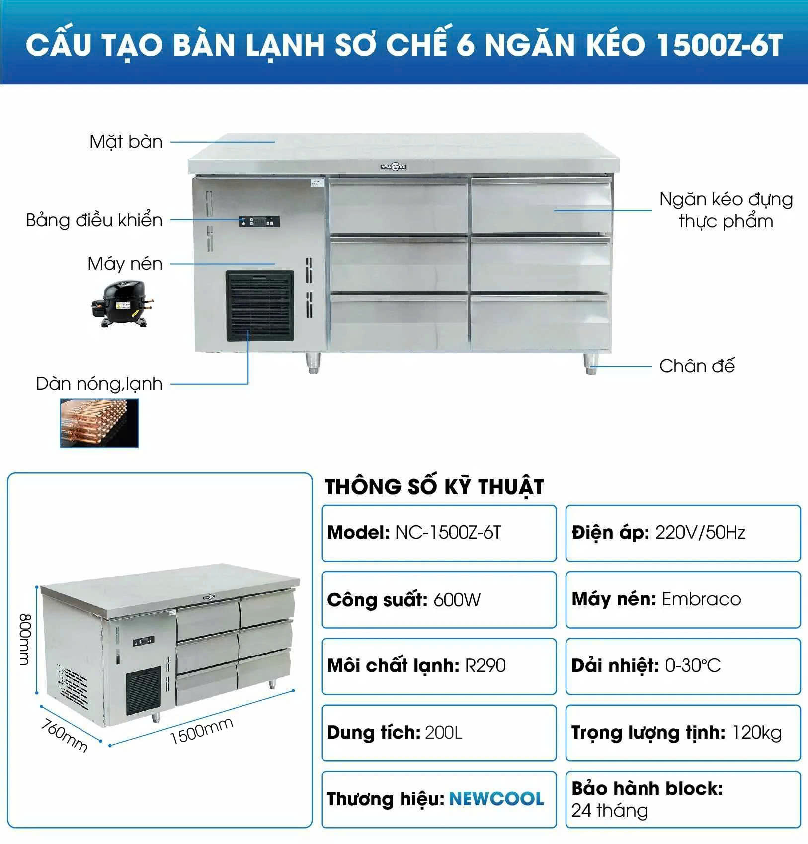 Cấu tạo của bàn lạnh sơ chế 6 ngăn kéo 1500Z-6T