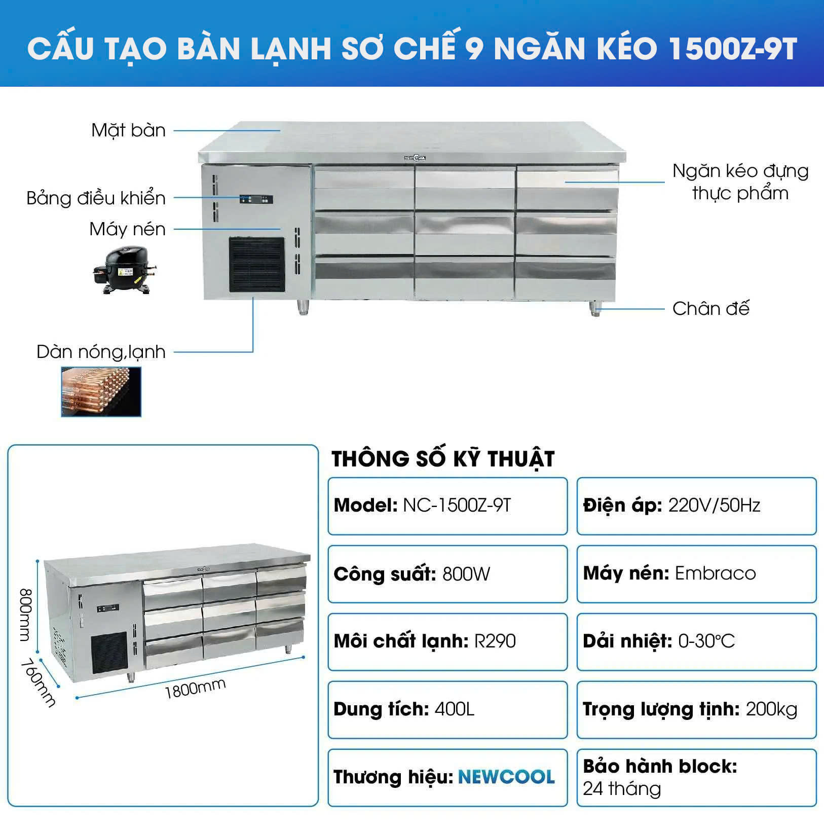 Cấu tạo của bàn mát sơ chế 9 ngăn kéo 1500Z-9T