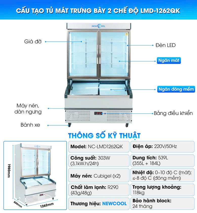 Cấu tạo tủ trưng bày 2 chế độ 1m3 LMD-1262QK Cấu tạo tủ trưng bày 2 chế độ 1m3 LMD-1262QK