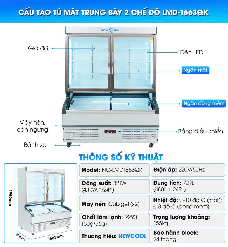 Cấu tạo tủ trưng bày 2 chế độ 1m7 LMD-1663QK Cấu tạo tủ trưng bày 2 chế độ 1m7 LMD-1663QK