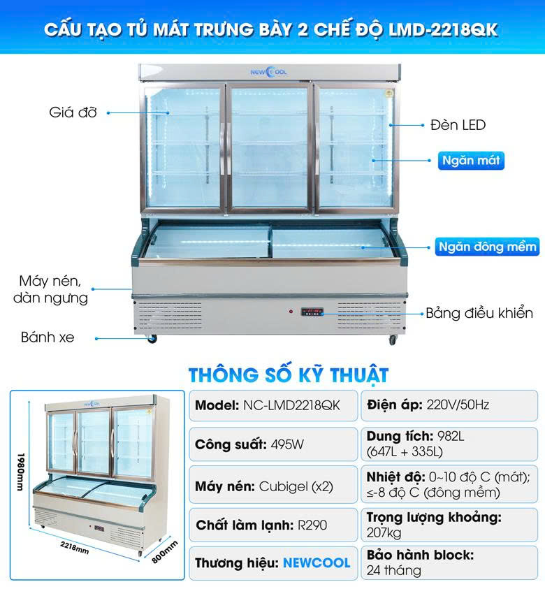 Cấu tạo tủ trưng bày 2 chế độ 2m2 LMD-2218QK Cấu tạo tủ trưng bày 2 chế độ 2m2 LMD-2218QK
