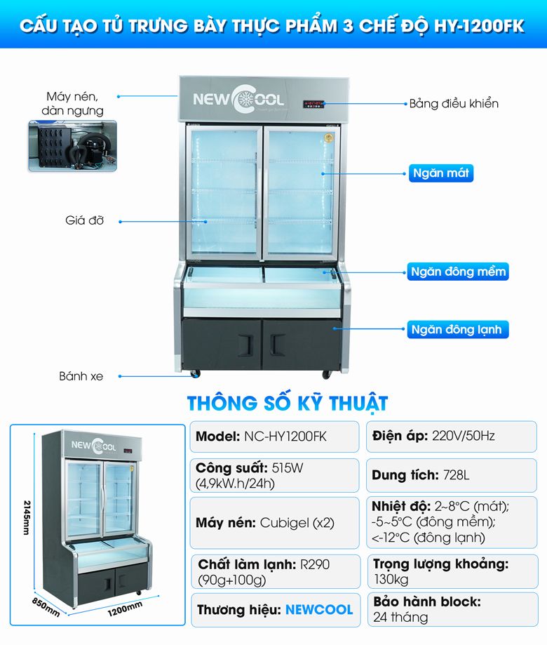 Cấu tạo tủ trưng bày 3 chế độ 1m2 HY-1200FK
