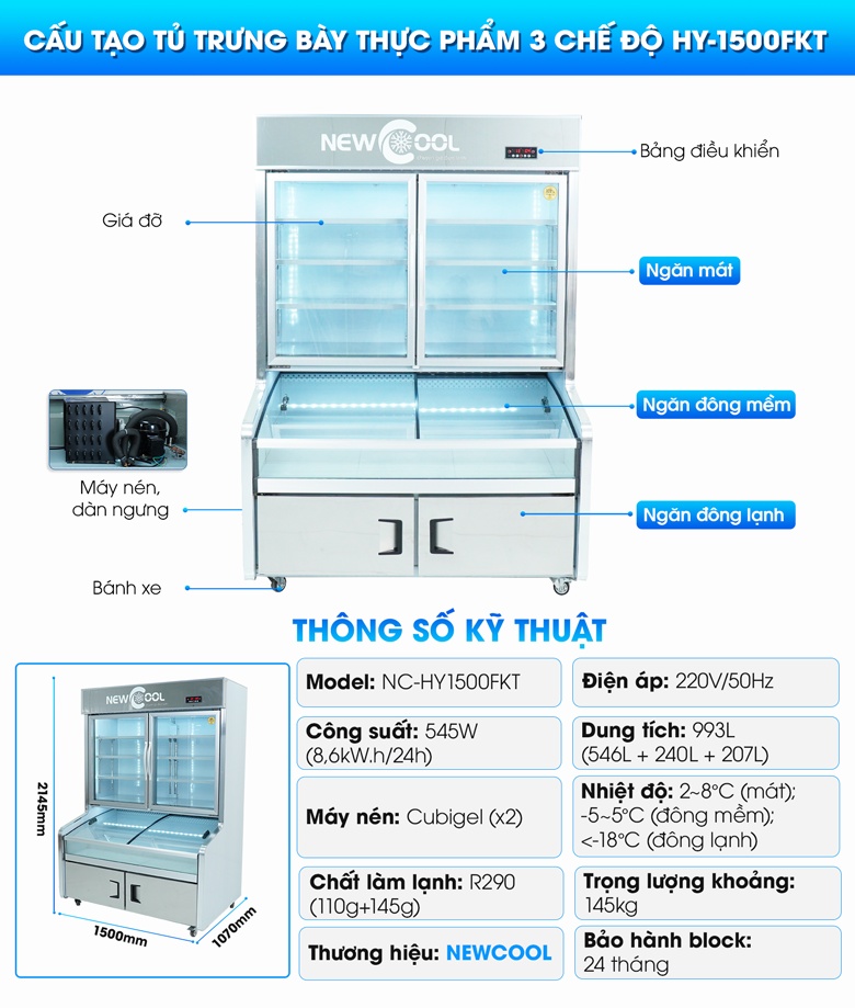 Cấu tạo tủ trưng bày 3 chế độ 1m5 HY-1500FKT