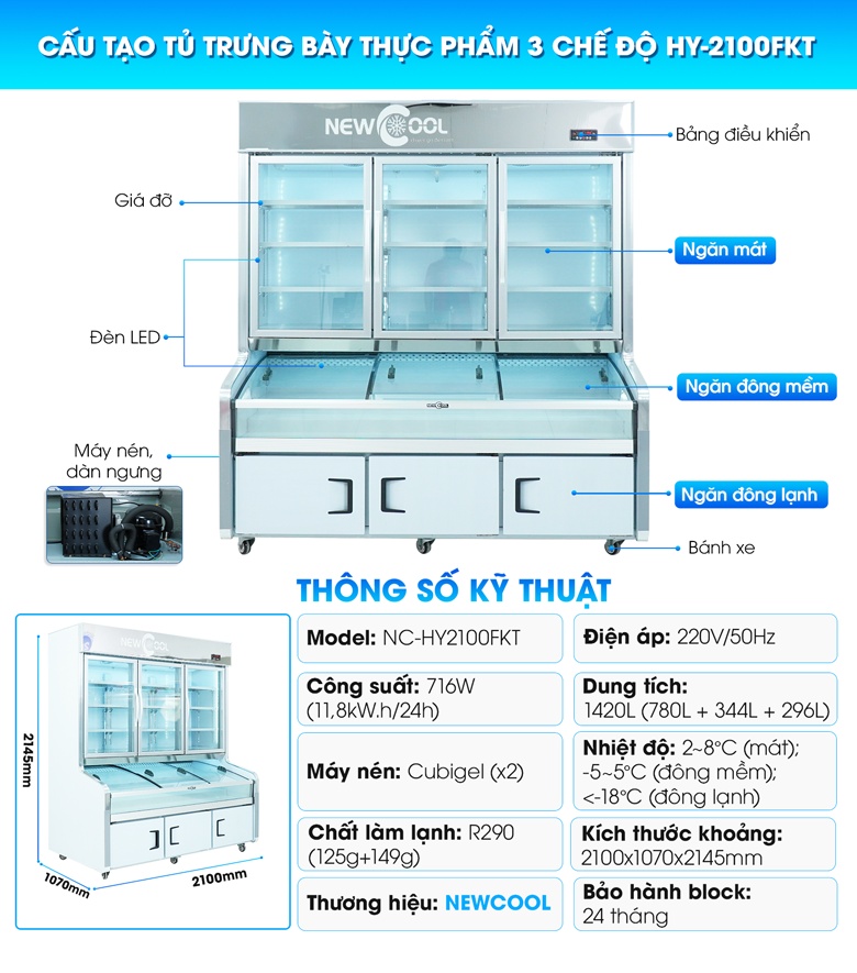 Cấu tạo tủ trưng bày 3 chế độ 2m1 HY-2100FKT