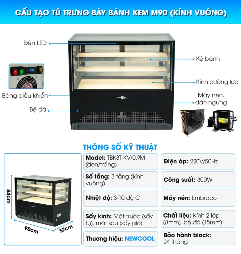 Cấu tạo tủ trưng bày bánh kem 3 tầng 90cm kính vuông M90