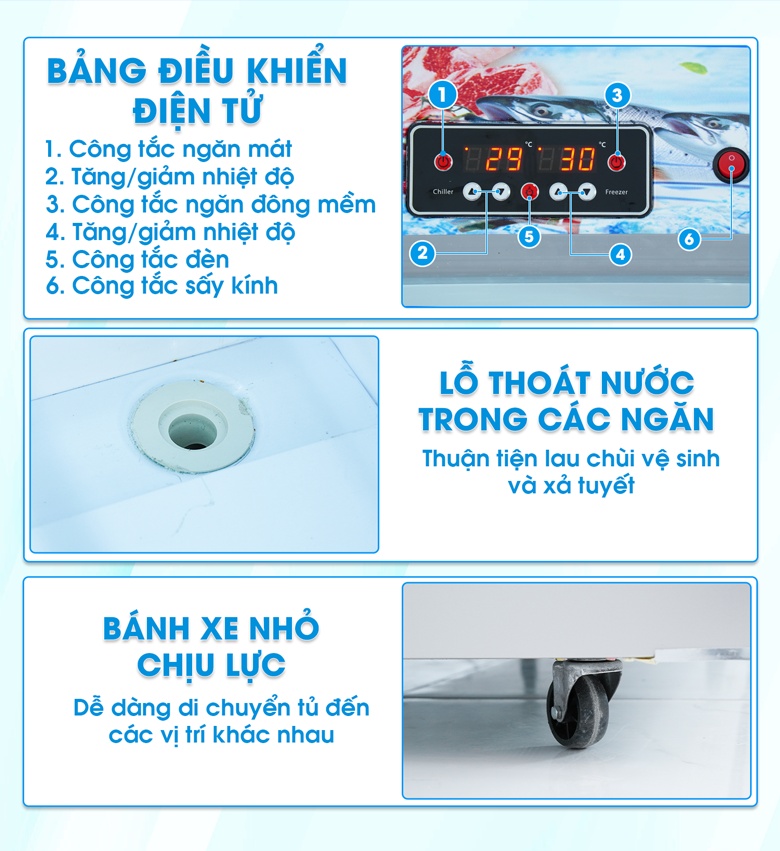 Các chi tiết của tủ trưng bày 3 chế độ 1m6 HY-1600W
