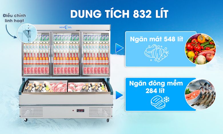 Tổng dung tích 832 lít, chứa đựng lượng lớn thực phẩm Tổng dung tích 832 lít, chứa đựng lượng lớn thực phẩm