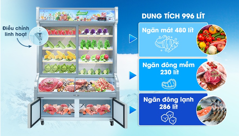 Tổng dung tích 996 lít, chứa đựng lượng lớn thực phẩm