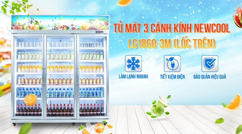 Trưng bày nước nên dùng loại tủ nào? Tủ mát 3 cánh kính NEWCOOL LG1860-3M