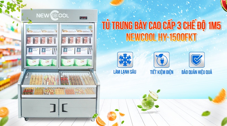 Tủ trưng bày 3 chế độ 1m5 HY-1500FKT cao cấp (mát, đông mềm, đông lạnh)
