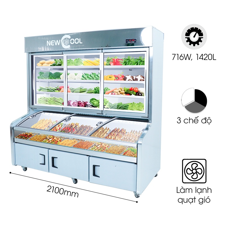 Tủ Trưng Bày 3 Chế Độ 2M1 Cao Cấp HY-2100FKT (Mát, Đông Mềm, Đông Lạnh)