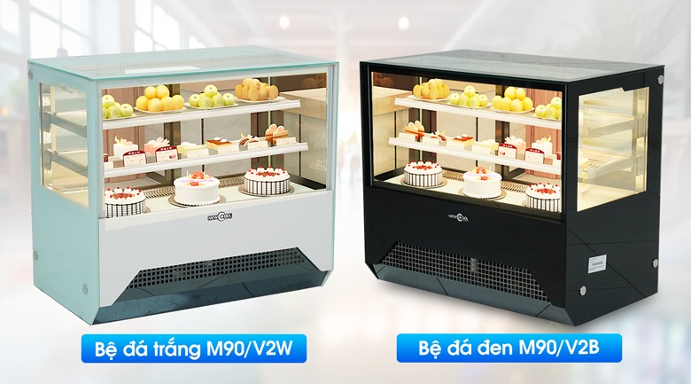 Tủ trưng bày bánh kem 3 tầng 90cm kính vuông M90 có 2 màu đá trắng/đen