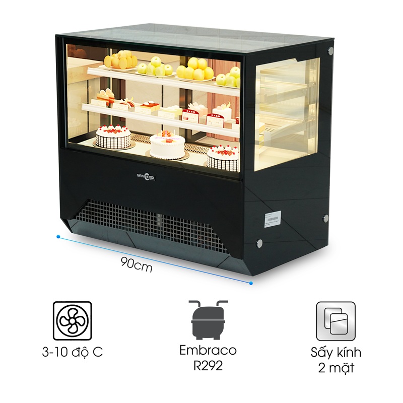 Tủ Trưng Bày Bánh Kem 3 Tầng 90cm Kính Vuông M90 (Đen/Trắng)