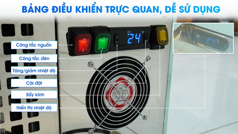 Bảng điều khiển của tủ trưng bày bánh kem 3 tầng 90cm kính vuông M90