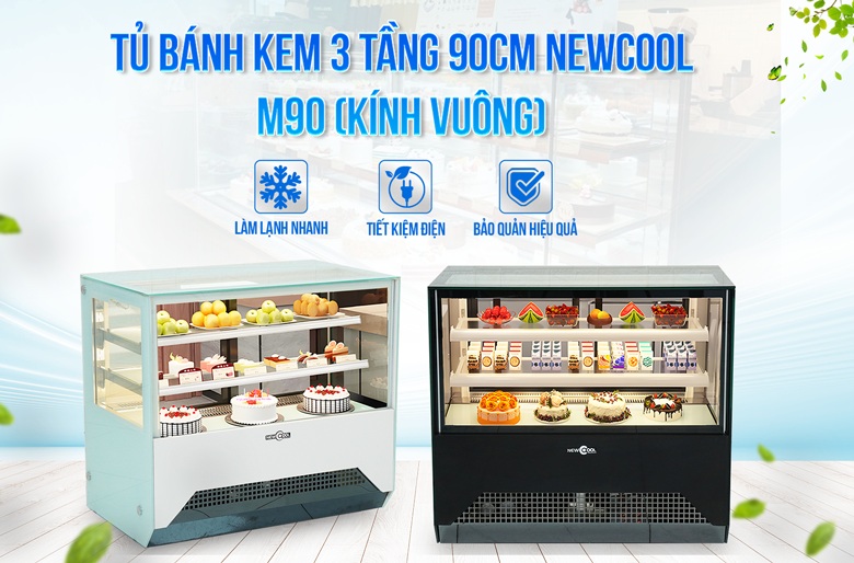 Tủ trưng bày bánh kem 3 tầng 90cm kính vuông M90 NEWCOOL