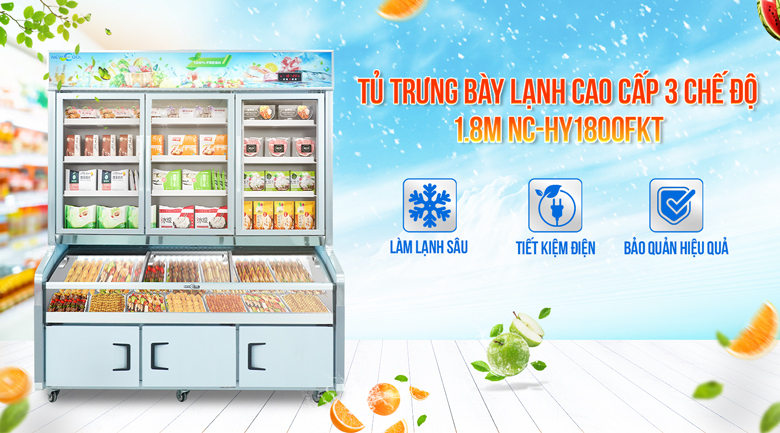 Tủ trưng bày sữa chua siêu thị 3 chế độ 1m8 NEWCOOL HY-1800FKT