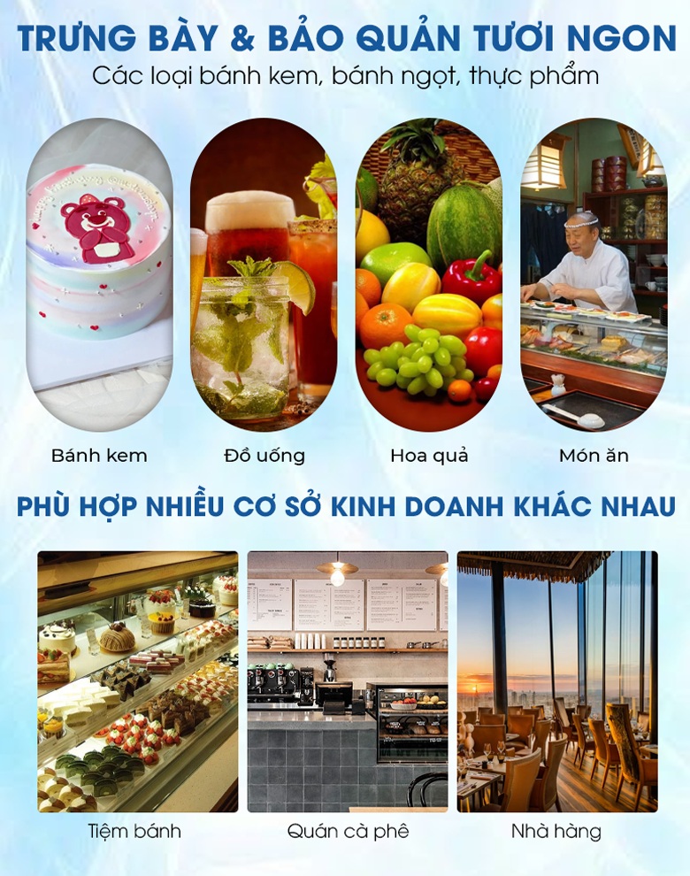 Tủ trưng bày bánh kem 3 tầng 90cm M90 phù hợp với nhiều cơ sở kinh doanh khác nhau