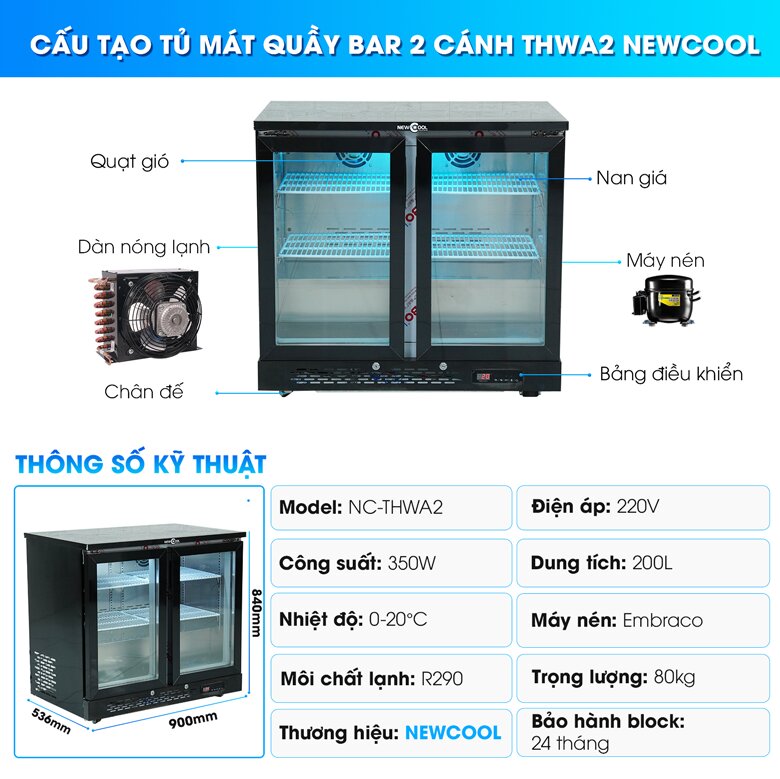 Cấu tạo, thông số của tủ mát quầy bar 2 cánh THWA2
