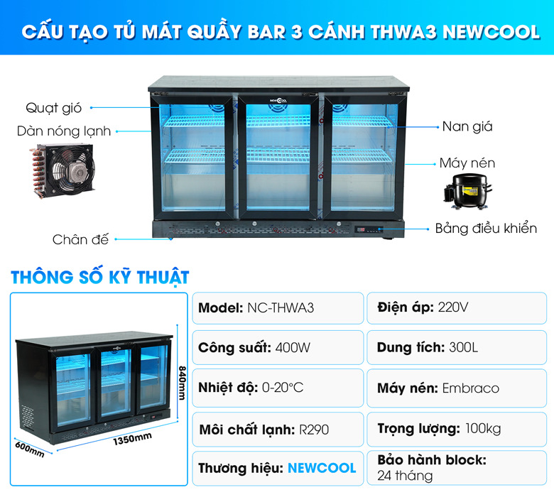 Thông số chi tiết của tủ mát quầy bar 3 cánh 300L THWA3