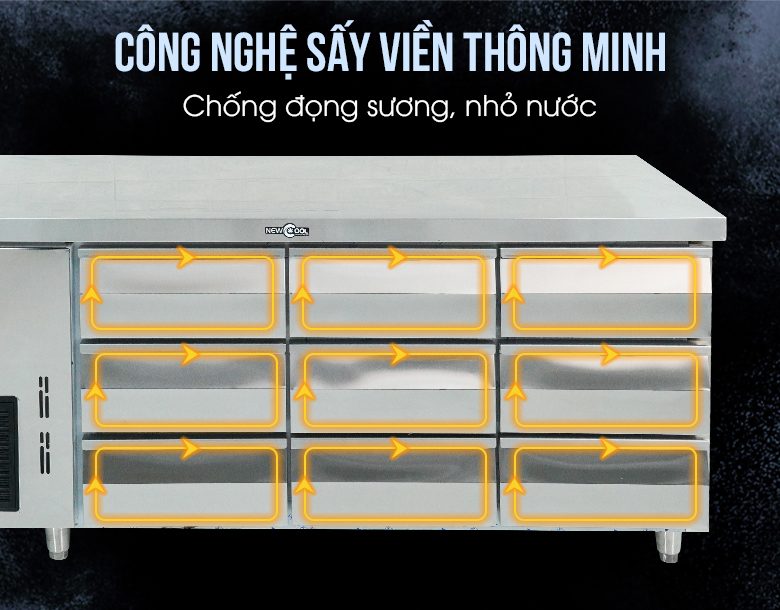 Bàn mát 9 ngăn 1500Z-9TL NEWCOOL có thêm tính năng sấy viền chống nhỏ nước