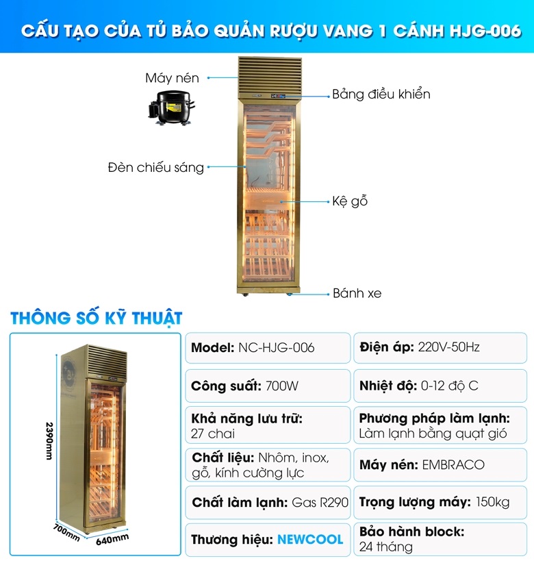 Cấu tạo Tủ trưng bày rượu vang 1 cánh HJG-006