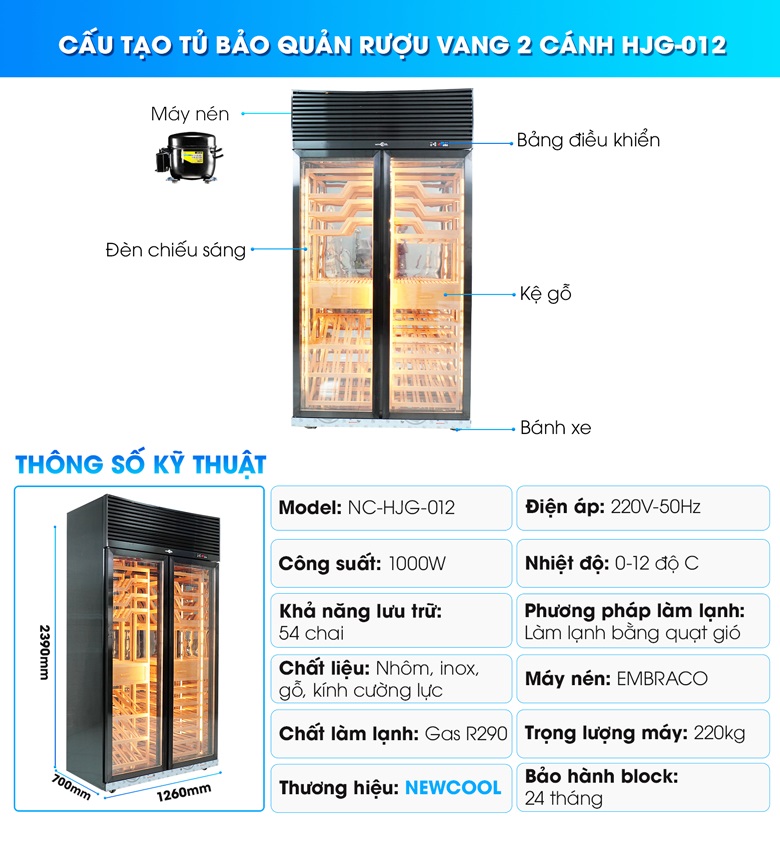 Cấu tạo tủ mát trưng bày rượu vang 2 cánh HJG-012