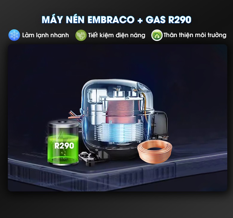 Máy nén EMBRACO và gas R290 làm lạnh ổn định, tiết kiệm điện năng 