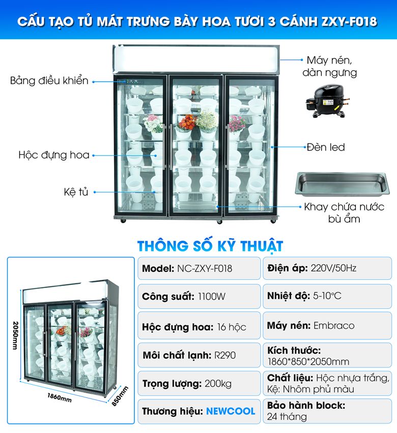 Các bộ phận của tủ mát trưng bày hoa tươi 3 cánh ZXY-F018