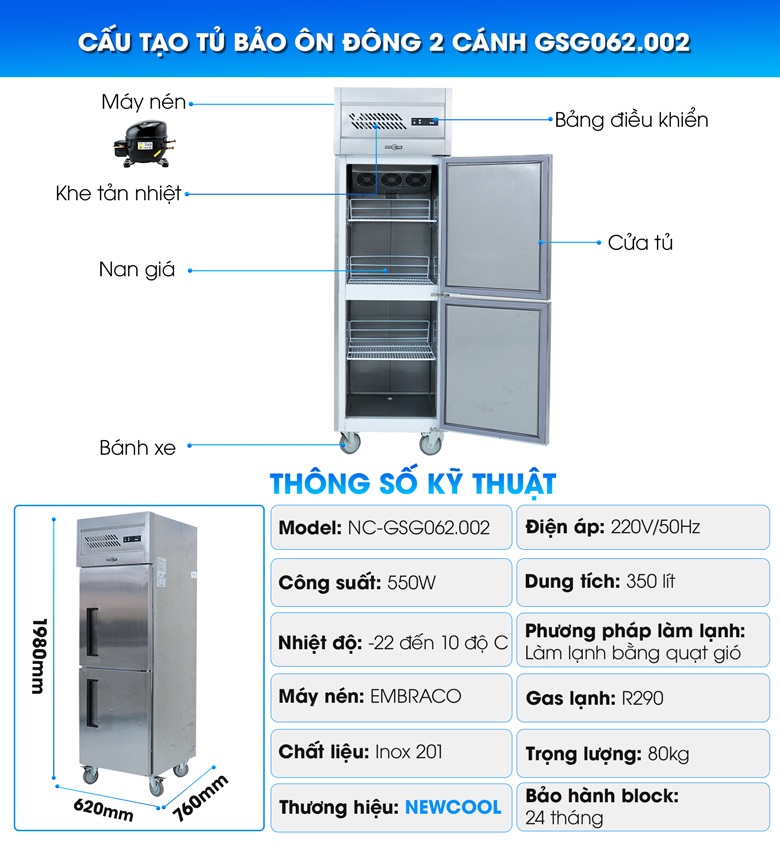 Cấu tạo của tủ bảo ôn đông đứng 2 cánh inox GSG062.002