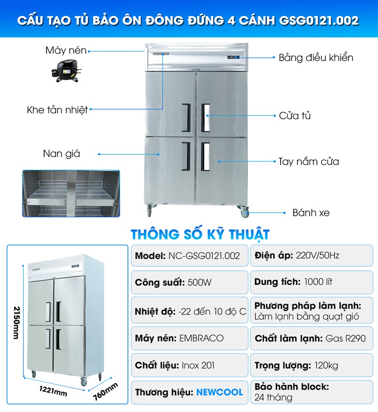 Cấu tạo của tủ đông đứng 4 cánh inox GSG0121.002
