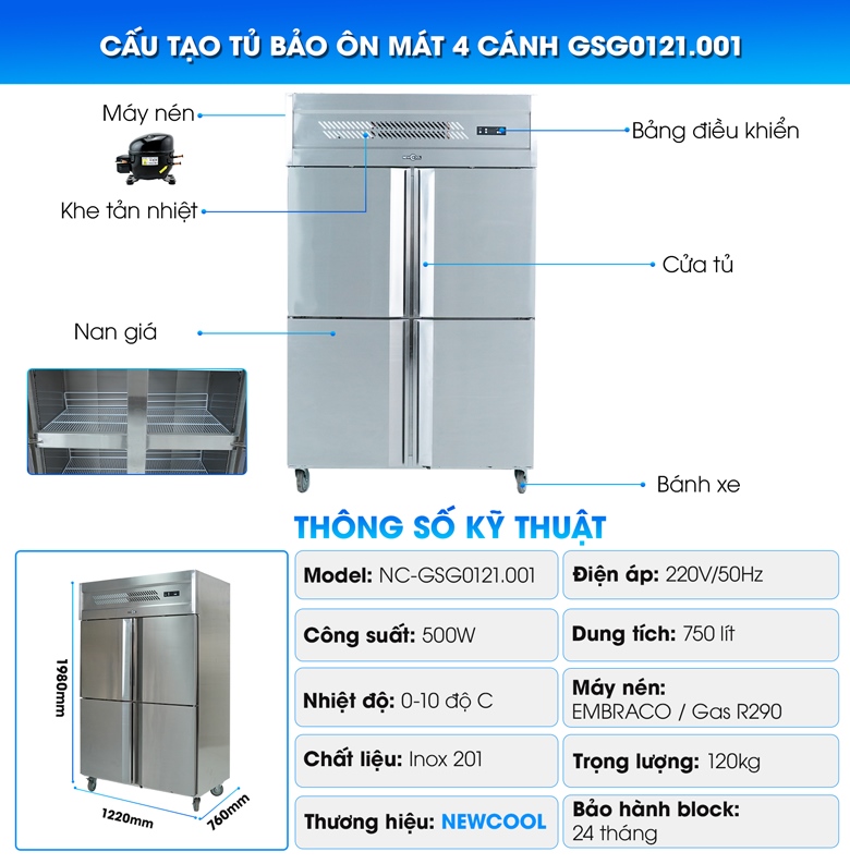 Cấu tạo tủ bảo ôn mát đứng 4 cánh inox GSG0121.001