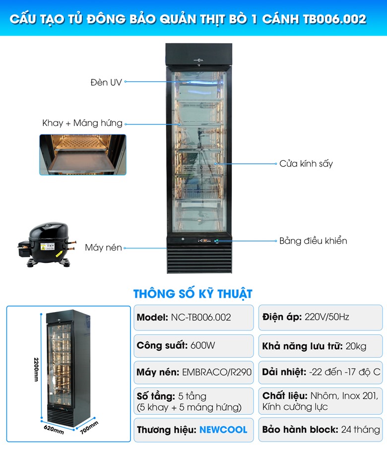 Cấu tạo của Tủ đông bảo quản thịt bò 1 cánh TB006.002