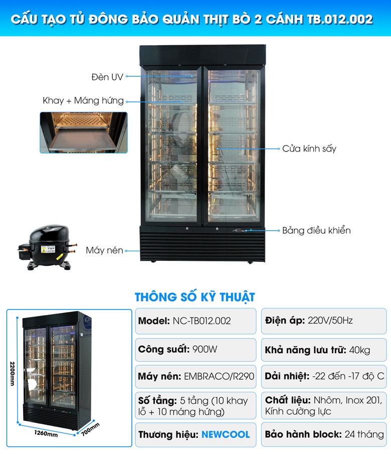 Cấu tạo của tủ đông bảo quản thịt bò 2 cánh TB012.002