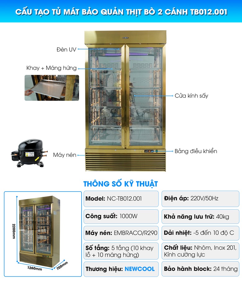 Cấu tạo Tủ mát bảo quản thịt bò 2 cánh TB012.001