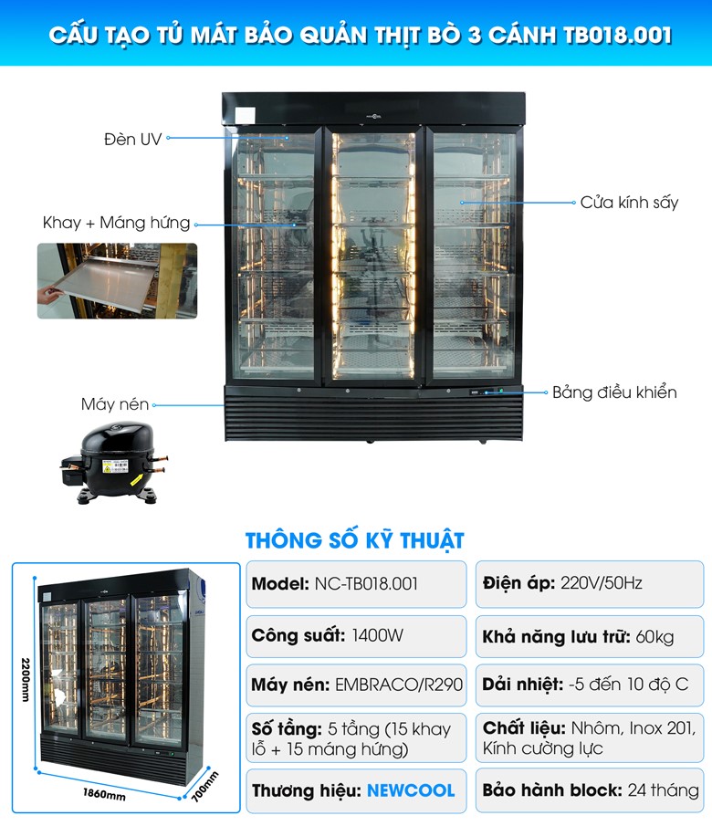 Cấu tạo Tủ mát bảo quản thịt bò 3 cánh TB018.001